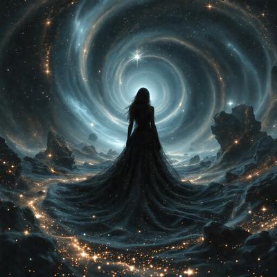 The primary subject of the image is a woman standing in a dark, starry sky. She is wearing a long dress and appears to be looking up at the sky. The setting is a nighttime landscape with a backdrop of stars, creating a serene and celestial atmosphere. The visual style of the image is digital art, with the woman and her surroundings depicted in a detailed and realistic manner. The colors in the image are predominantly dark, with the starry sky and the woman's dress being